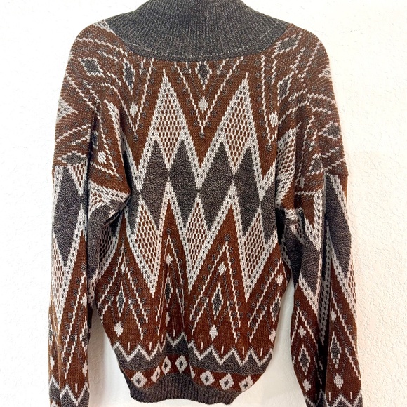 Vintage Shawl Collar Geometric Sweater • Brown Earth Tones • Unisex Cozy Knit - Picture 3 of 7
